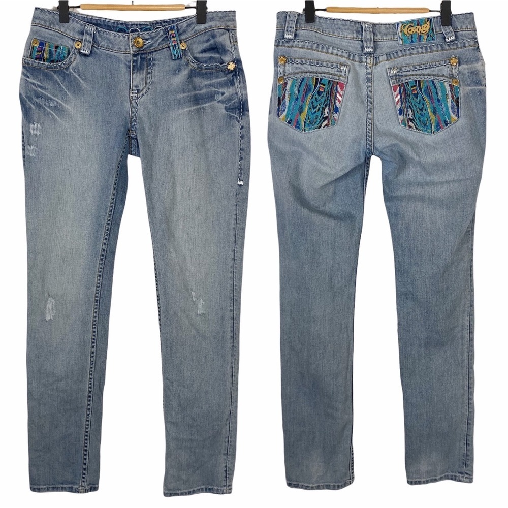 COOGI Vintage Light Wash Embroidered Pocket Distressed Straight Jeans 5/6